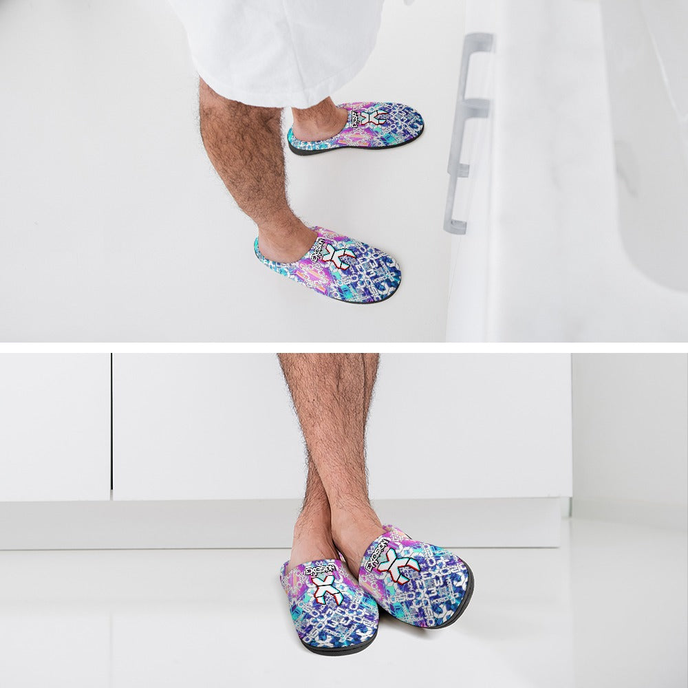 Cotton slippers in blue and purple print worn by a person, slip-on shape