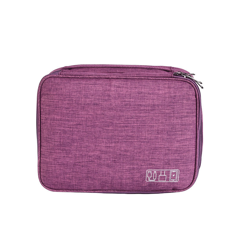 Purple cable organizer bag with zippered top and device icon patch