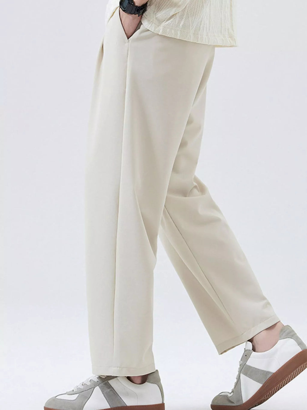 Men's loose-fit casual pants, light beige, side pleats and cuffed wide leg