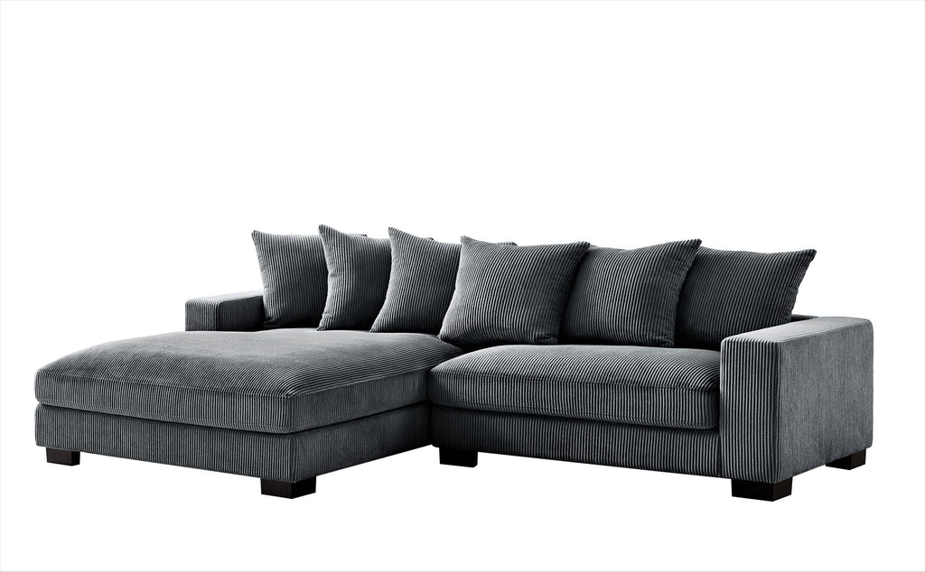 L-shaped sectional sofa with chaise in charcoal gray, corner chaise and back throw pillows