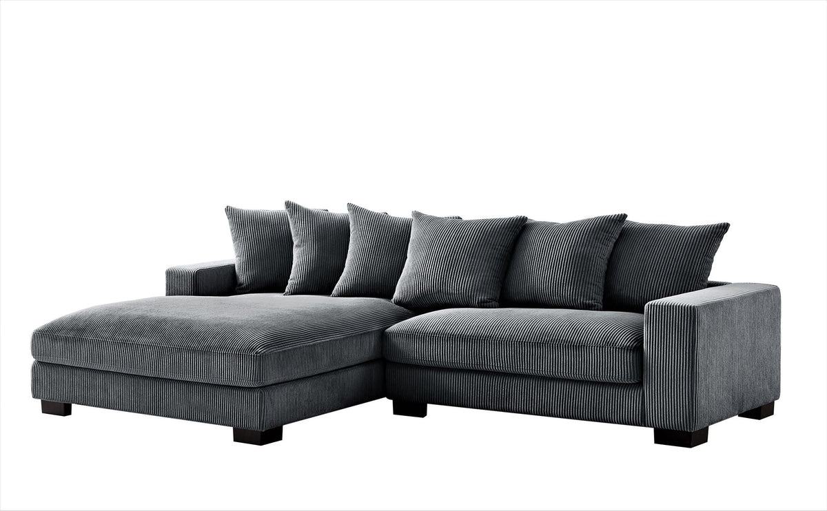 L-shaped sectional sofa with chaise in charcoal gray, corner chaise and back throw pillows