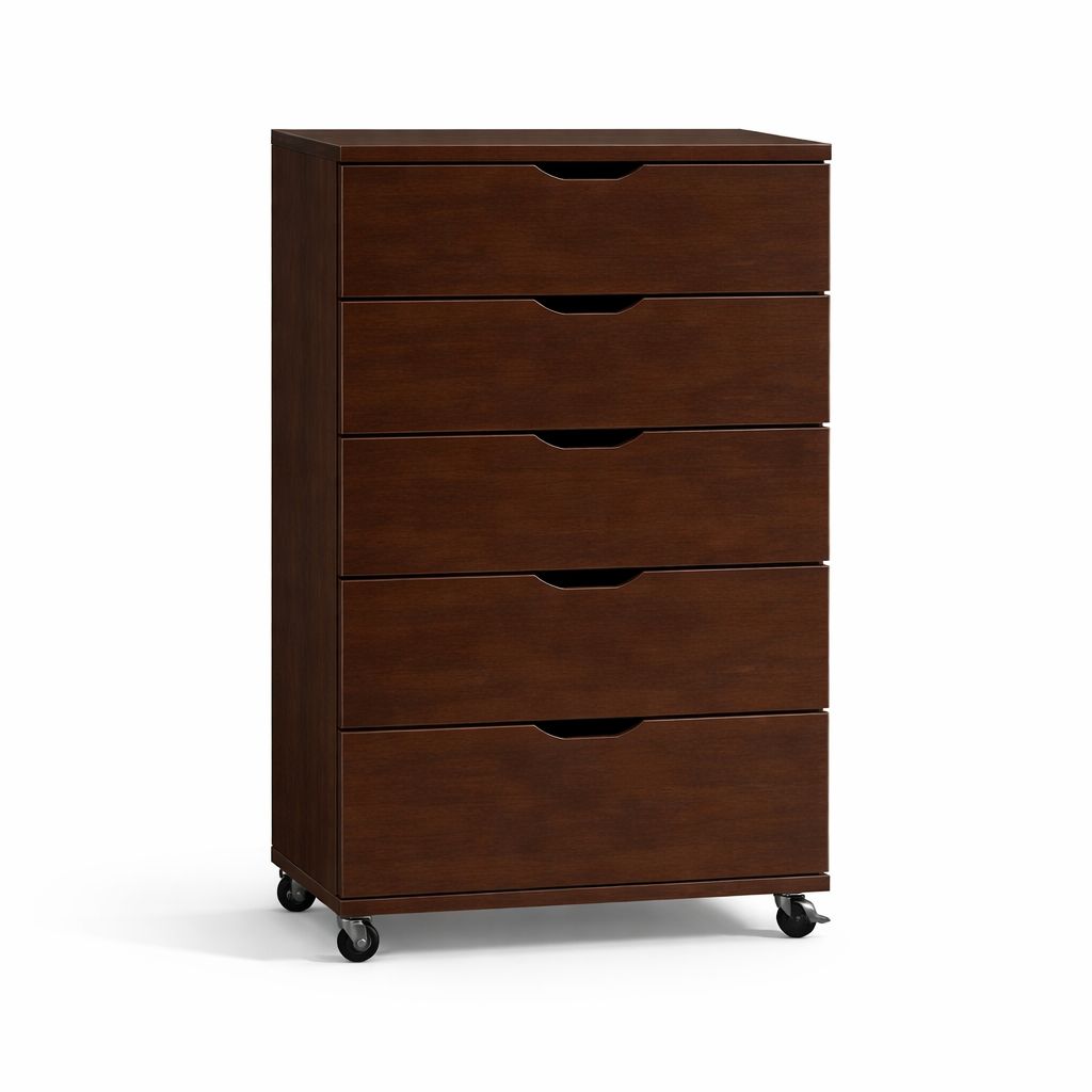 Dark brown five-drawer dresser with recessed pulls and four caster wheels
