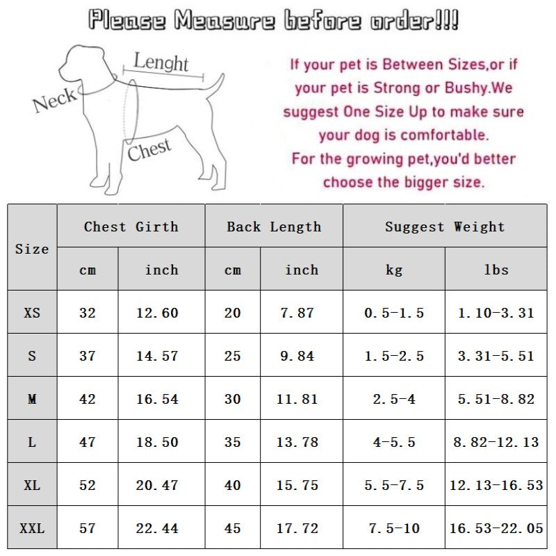 Pet clothing size chart with neck, chest girth, back length, and suggested weight table