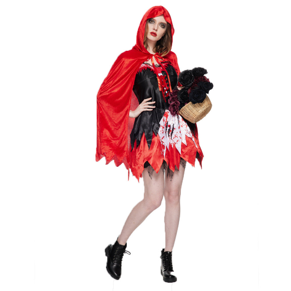 Red hooded cape dress with black corset-style panel and bloodstain hem