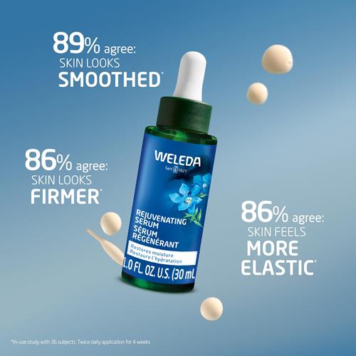 Weleda rejuvenating serum bottle with blue label and green glass dropper
