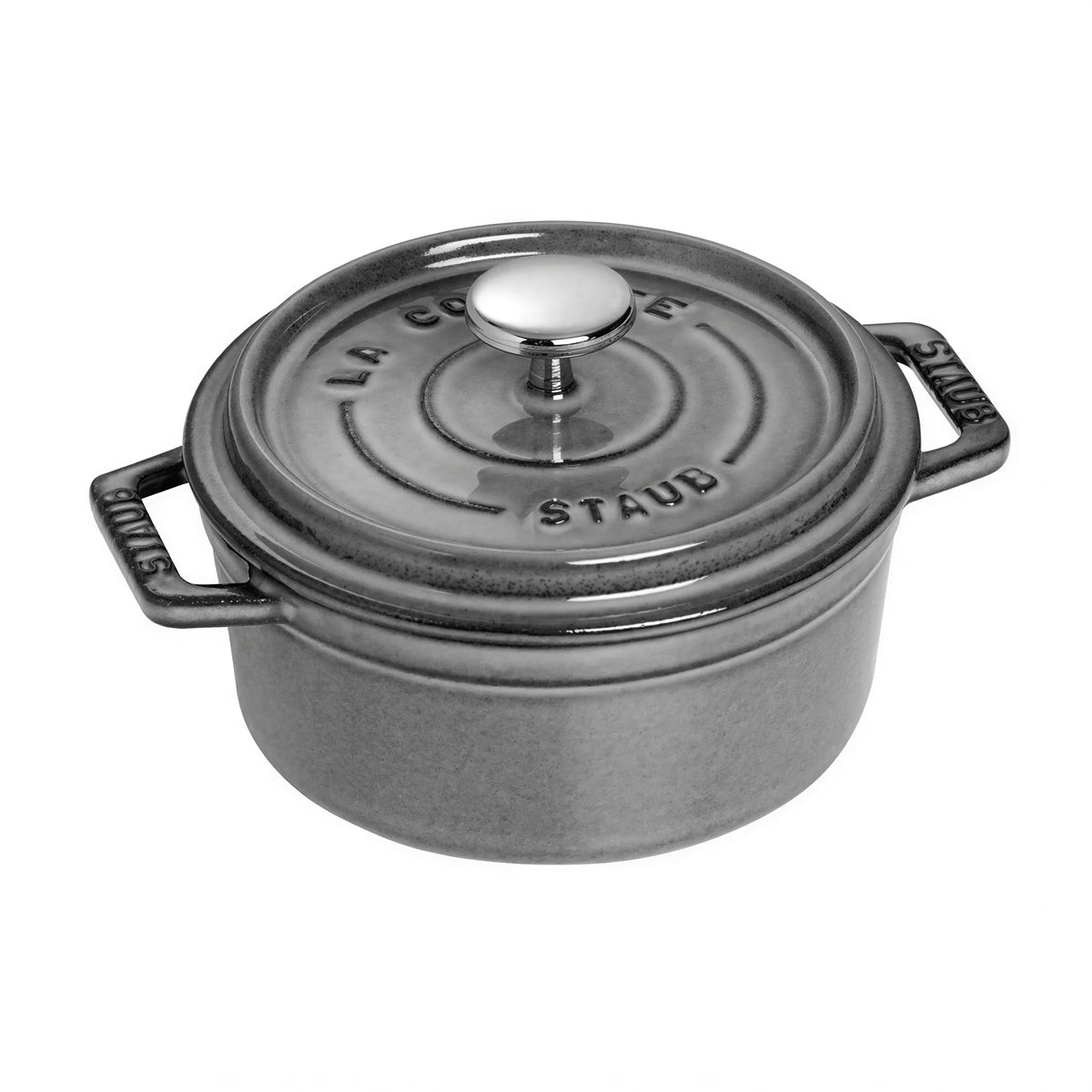Graphite grey enameled cast iron round Dutch oven with lid and side handles