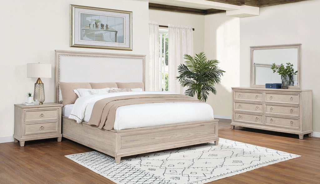 Queen bed with washed oak frame, matching nightstand and dresser with mirror
