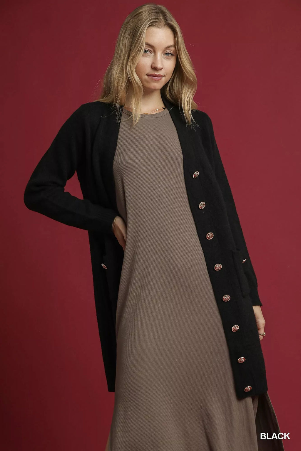 Black longline button-front sweater cardigan with front pockets