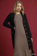 Black longline button-front sweater cardigan with front pockets
