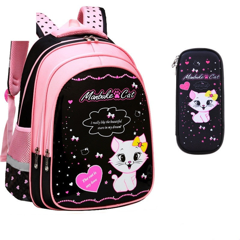 Pink kids cat print backpack with starry black front; matching black cat pencil case pouch.