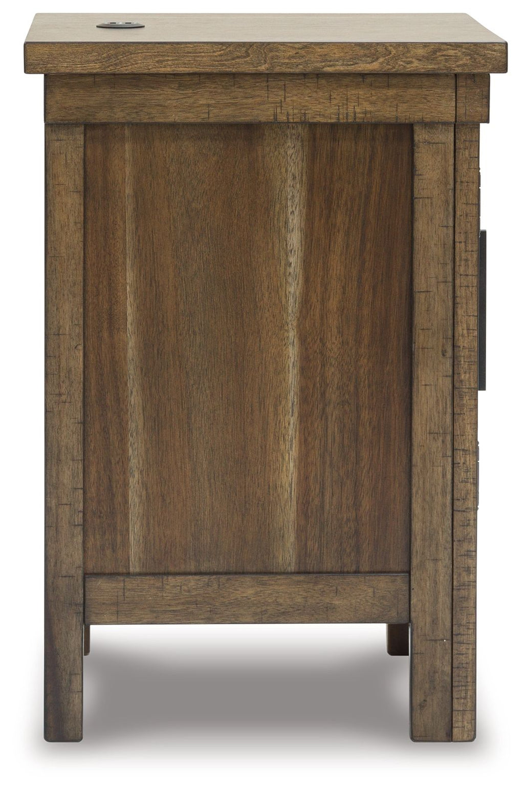 Grayish-brown chair side end table with closed cabinet door and inset panels
