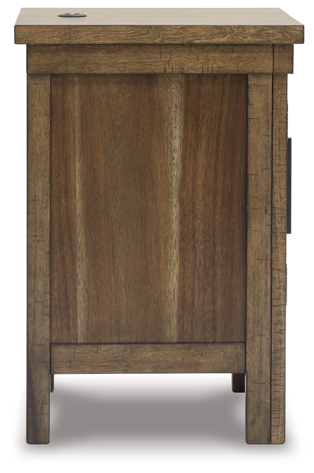 Grayish-brown chair side end table with closed cabinet door and inset panels