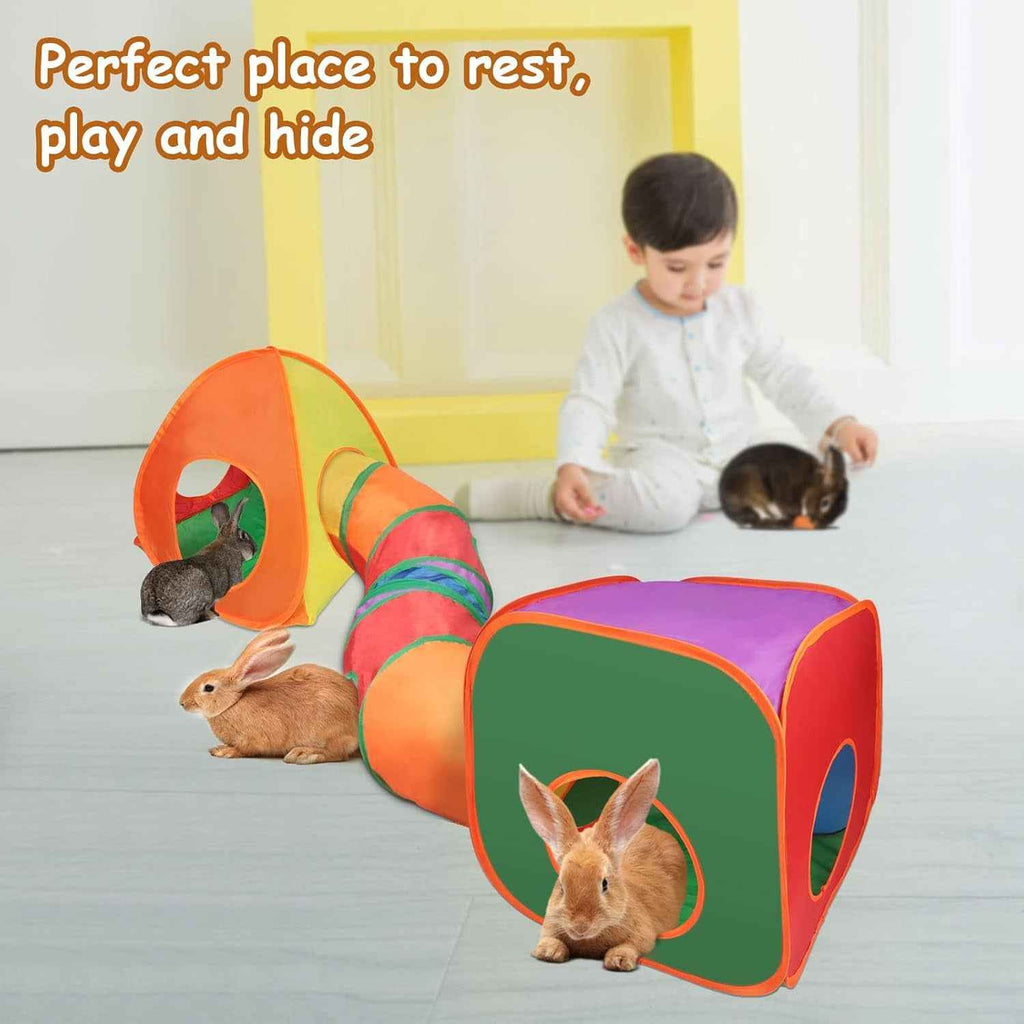 Rainbow rabbit play set with cube, tent, and connecting tunnel