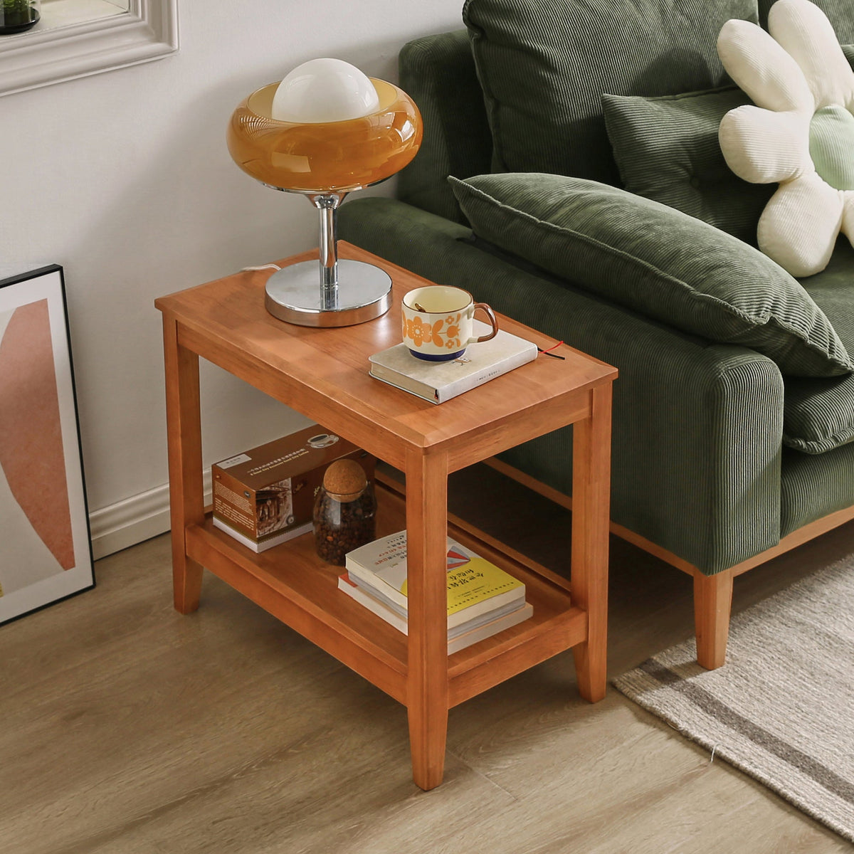 Rustic solid wood side table with lower storage shelf and warm brown finish