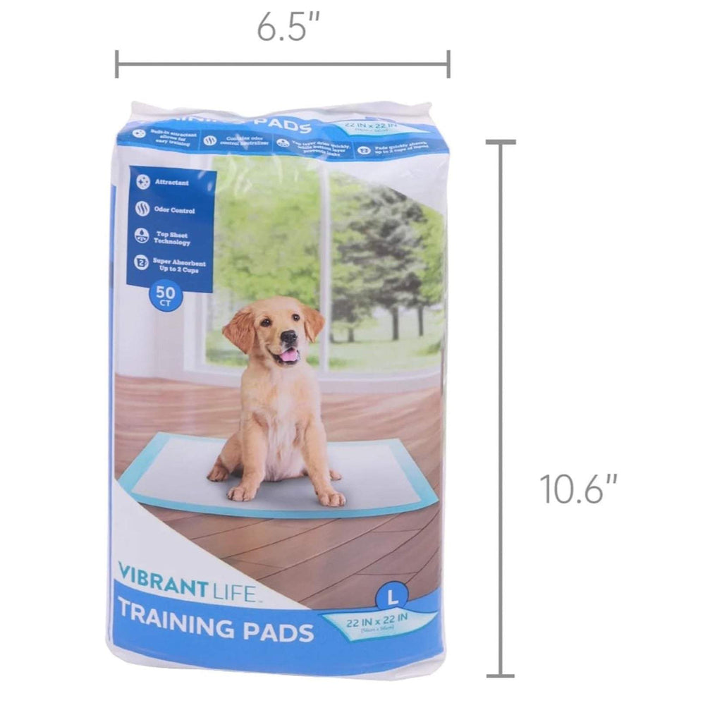 Dog training pads package with size dimensions, 22 x 22 in shown on front