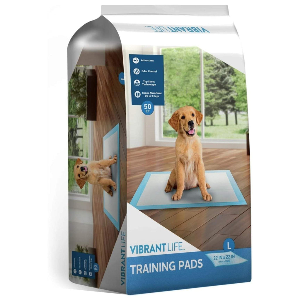 Dog training pads pack with cutaway scene showing dog on a blue training pad