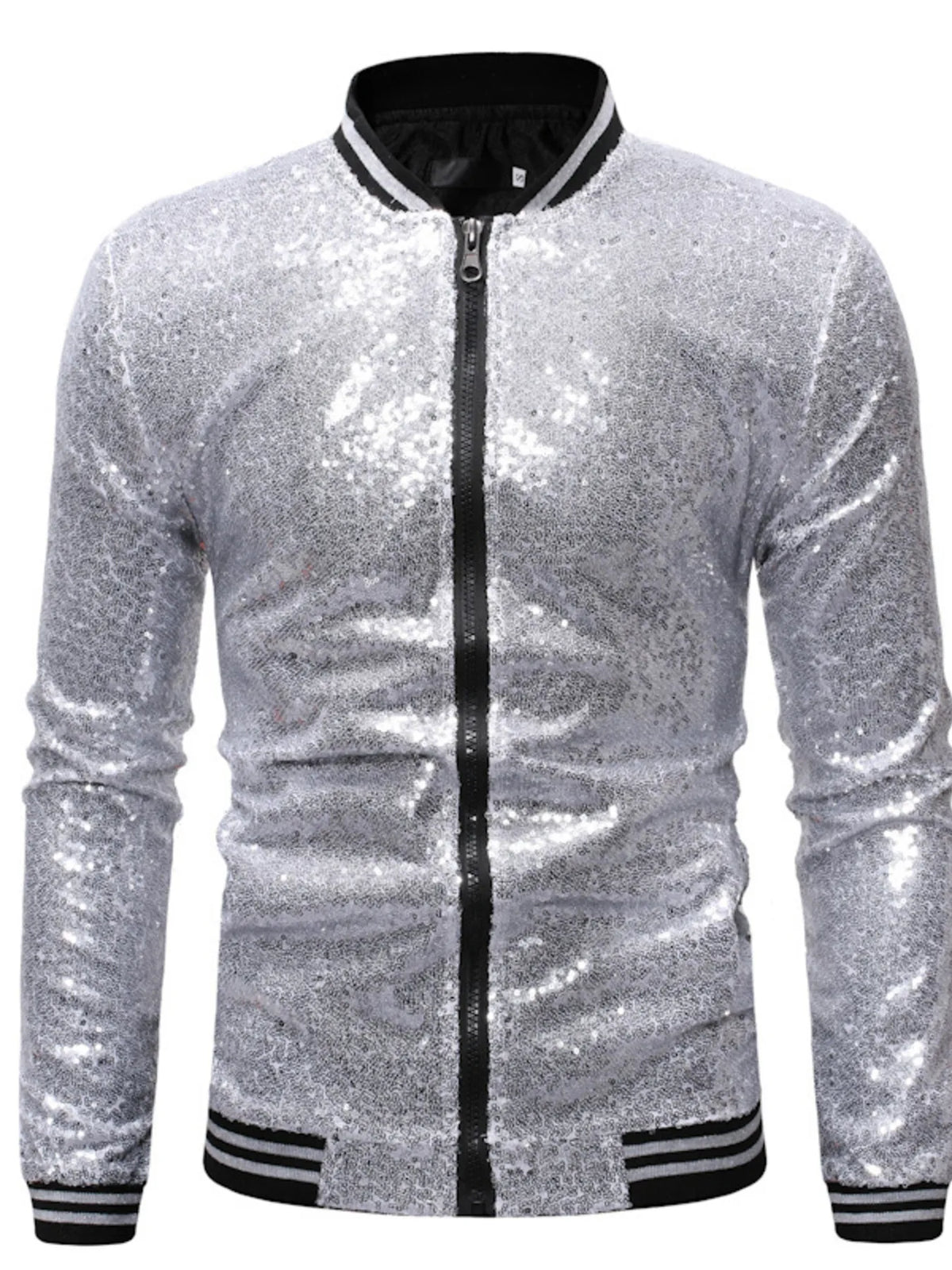 Silver sequin zip-up jacket with front zipper and ribbed black striped cuffs