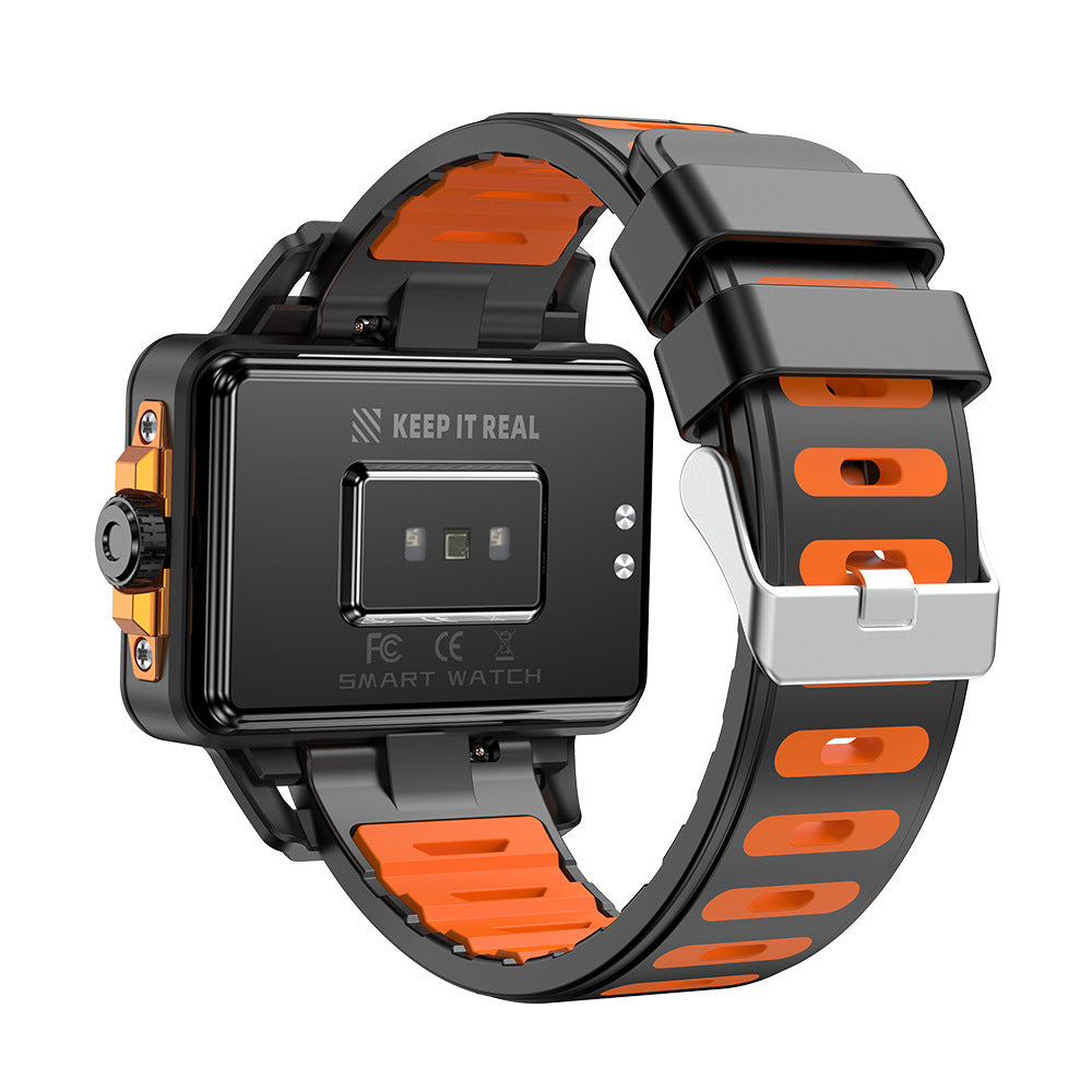 Smart watch rear view with orange-trim black case and textured black-orange strap