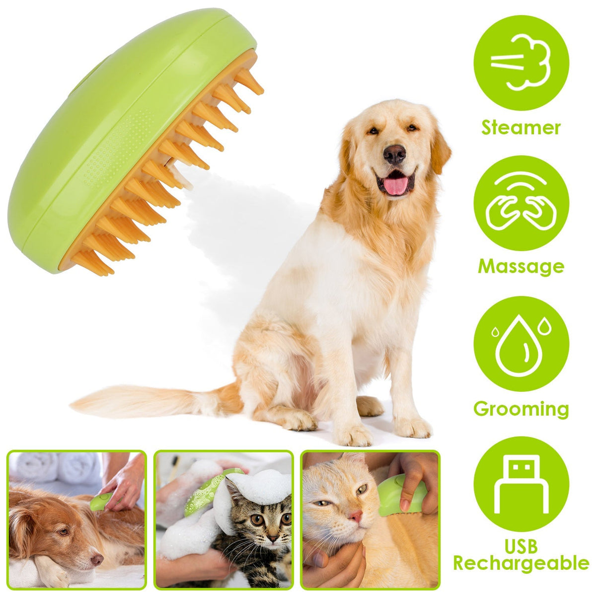 Lime green handheld steam brush with orange bristles for grooming a golden dog