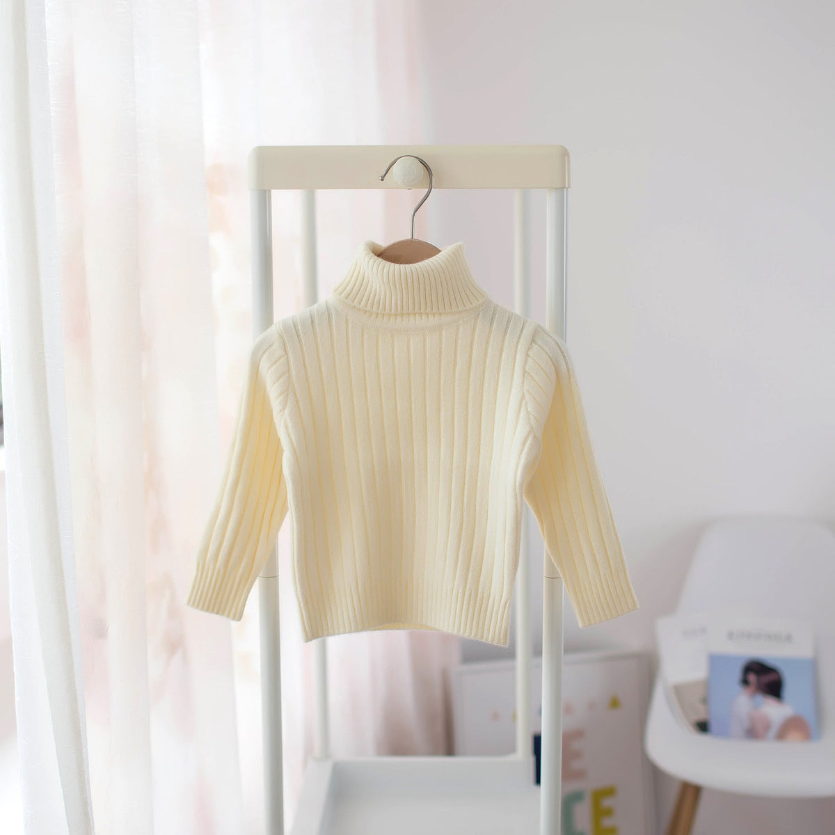 Kids ribbed turtleneck knit shirt, cream/ivory, long sleeves