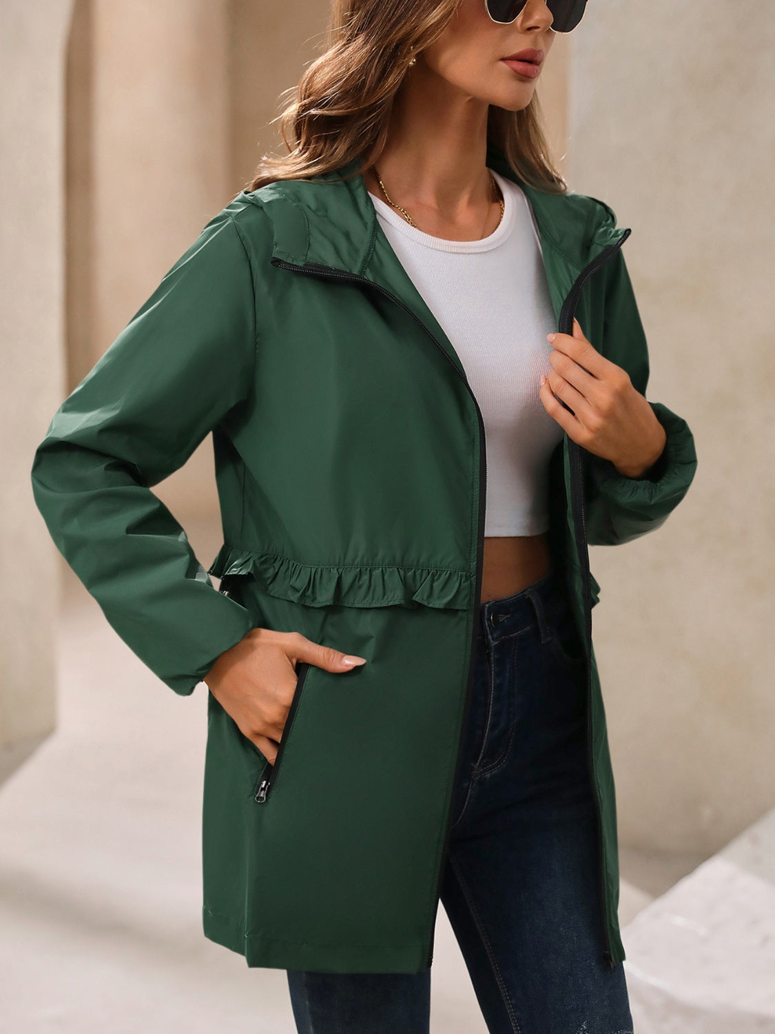 Women’s hooded windbreaker jacket, dark green with stand collar and front zipper