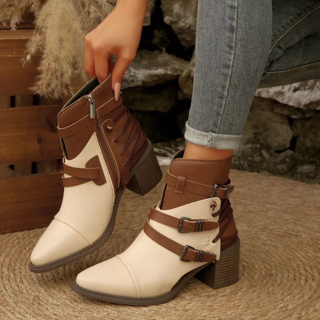 Two-tone ankle boots, cream and dark brown, point toe, buckle straps, block heel