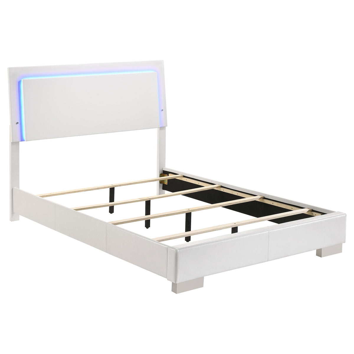White high-gloss platform bed frame with black slats and padded headboard