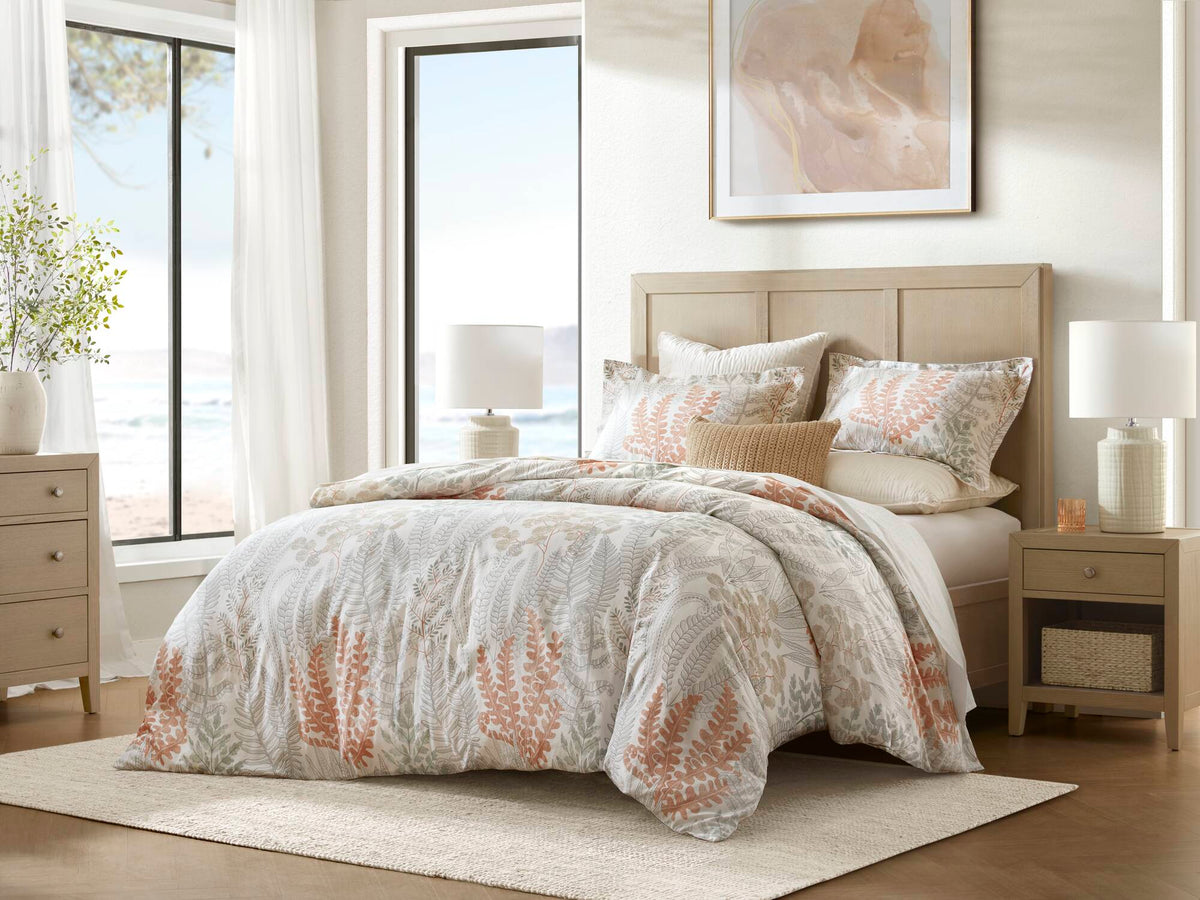 Cotton duvet cover and shams set with botanical leaf print, white with terracotta and gray