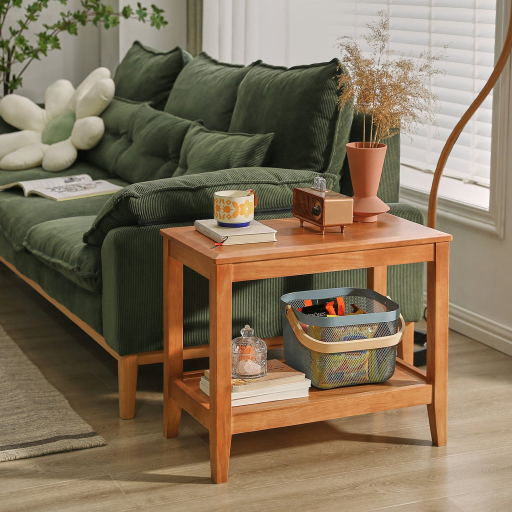 Solid wood two-tier side table with open storage shelf