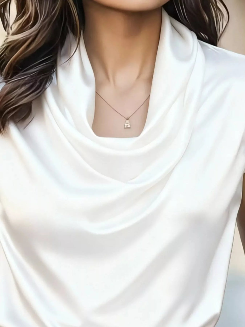 White satin cowl neck blouse close-up with draped cowl neckline.