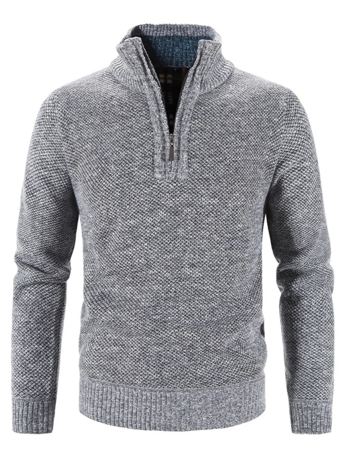 Light gray heather quarter-zip knit sweater, long sleeves, half-zip placket