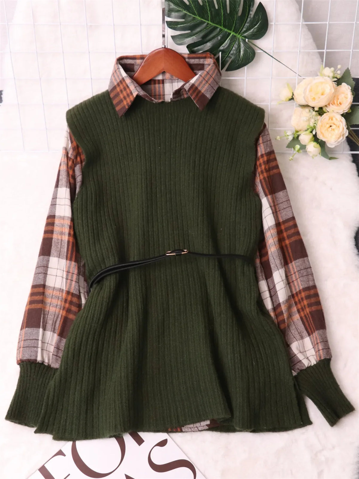 Olive green ribbed knit sweater dress with plaid long sleeves and waist belt