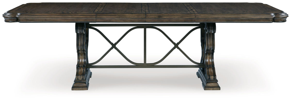 Dark brown dining extension table end view with X-frame support under the top