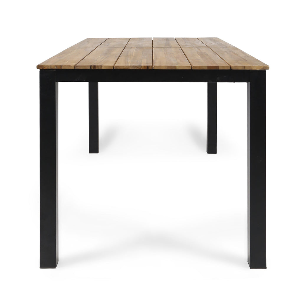 Acacia wood rectangular patio table with slatted top boards and dark legs.