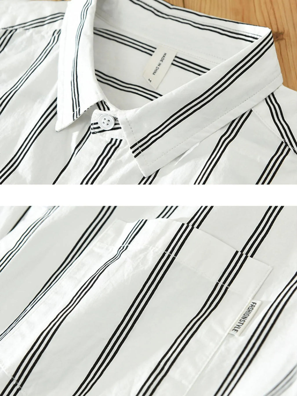 Plus-size striped short-sleeve button-up shirt collar and buttons, white with black stripes