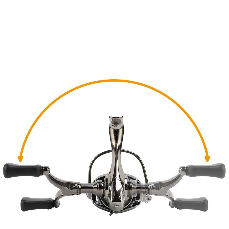 Spinning fishing reel top view with four black handle knobs and chrome frame.