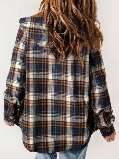 Plaid hooded plush snap jacket in blue and tan plaid with long sleeves and button front