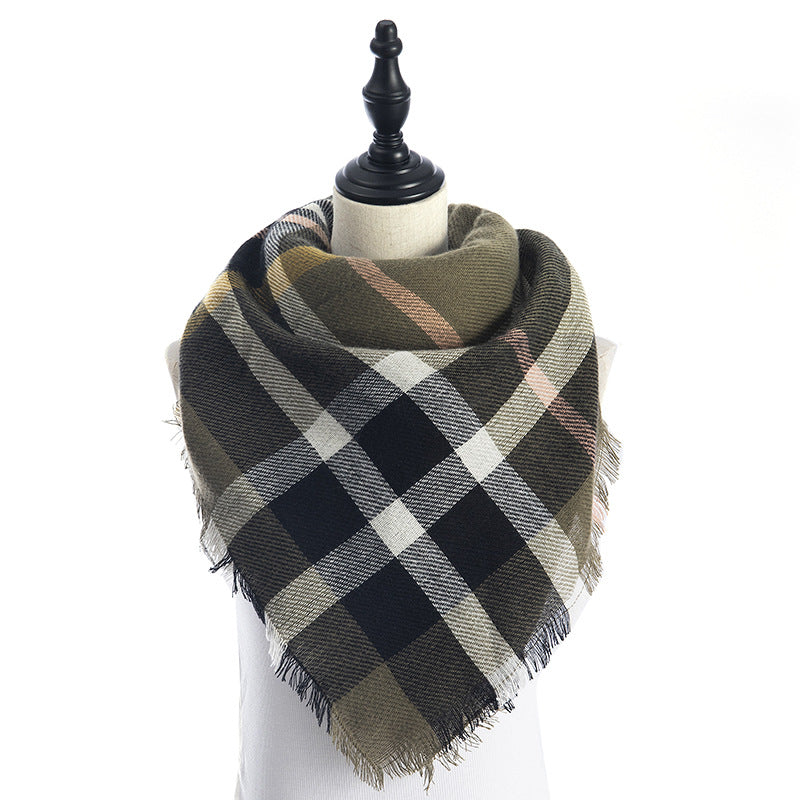 Olive and black plaid scarf shawl with fringe trim