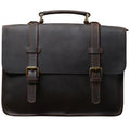 Brown leather briefcase-style messenger bag with front flap and adjustable shoulder strap