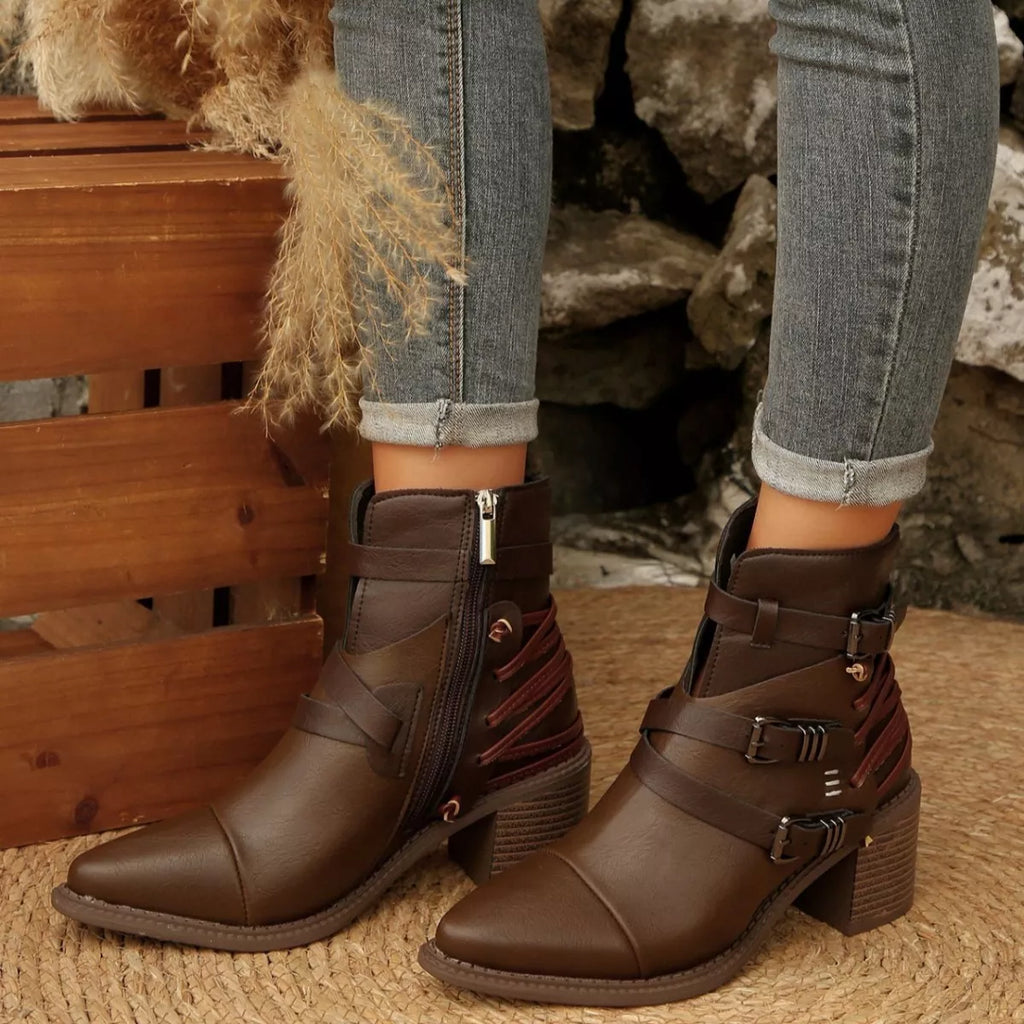 Dark brown point-toe ankle boots with buckle straps and block heels