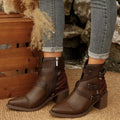 Dark brown point-toe ankle boots with buckle straps and block heels