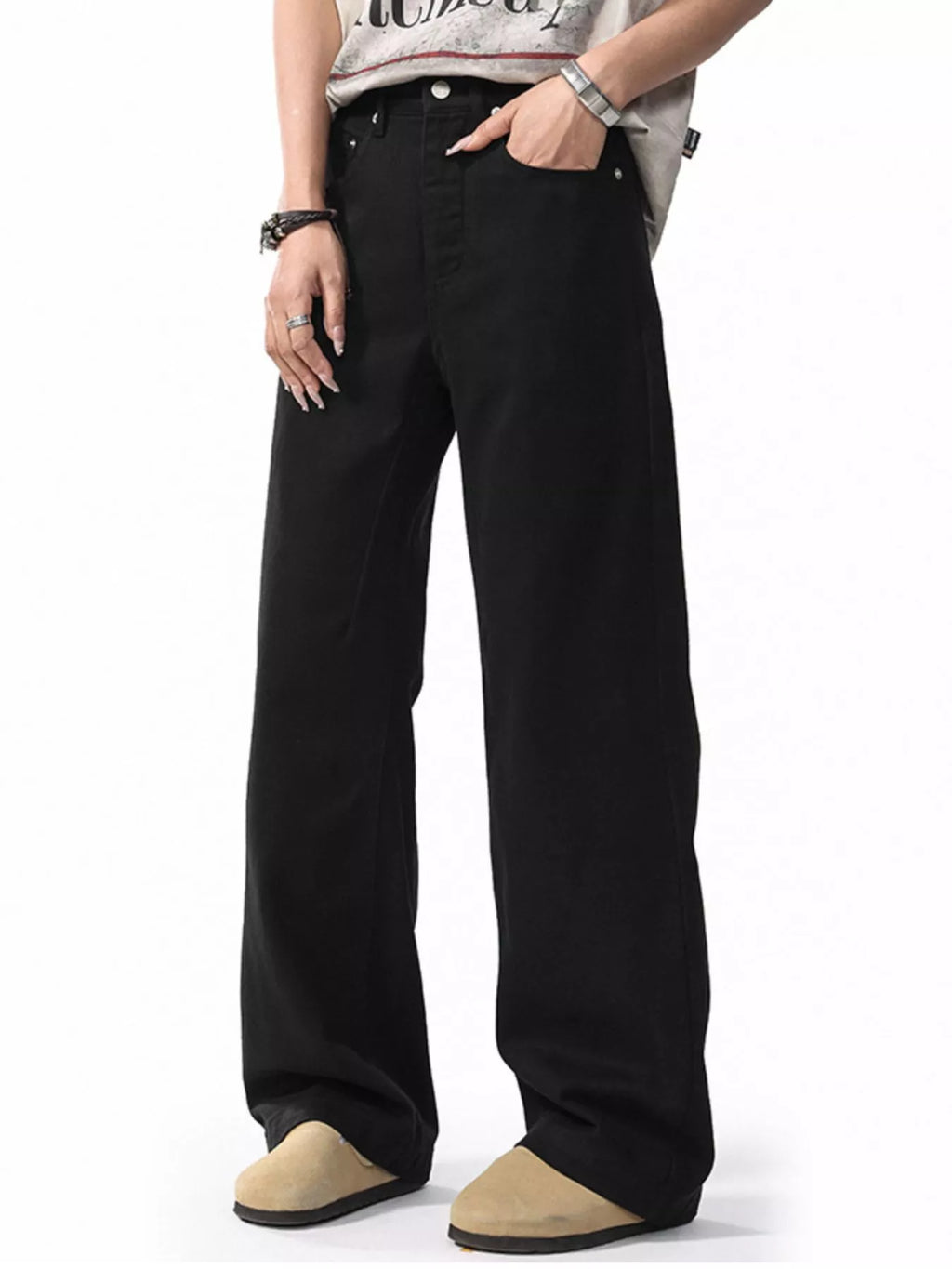 Black wide-leg casual pants with button fly and two front pockets