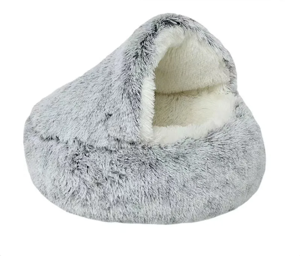 Gray plush semi-closed cat bed with open front and cozy inner cushion