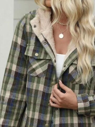 Plaid snap-front hooded plush jacket with sherpa collar and buttoned pockets