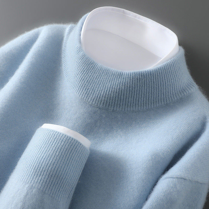Men's cashmere base-layer sweater in light blue, crew neck with ribbed collar and cuffs.
