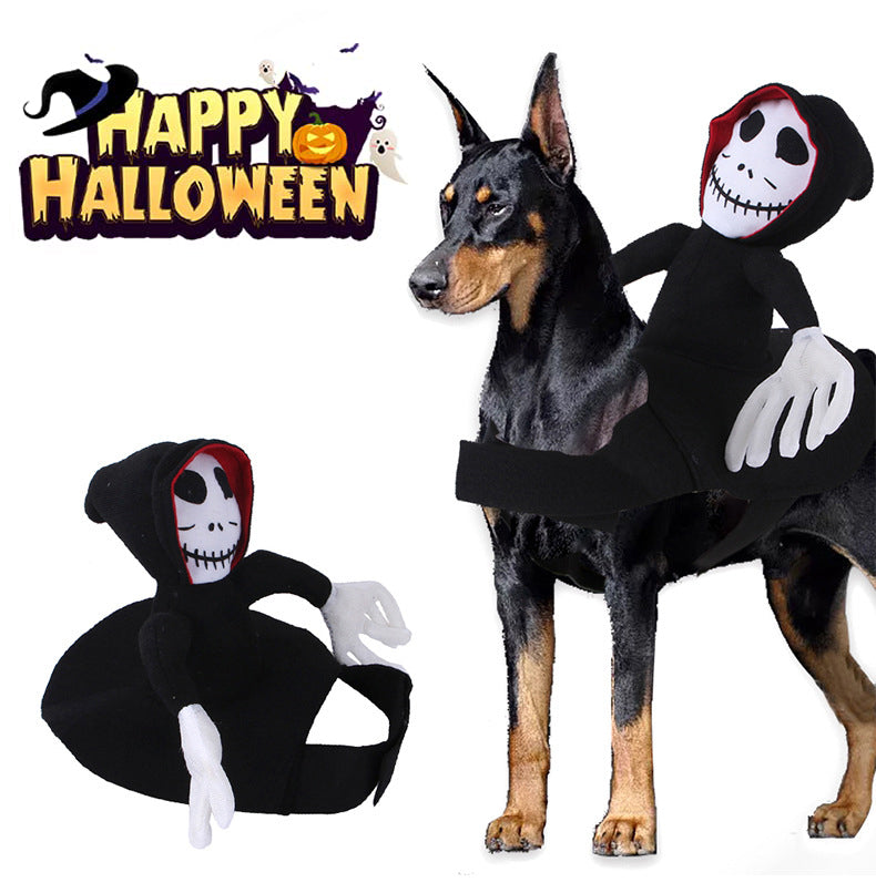 Black hooded pet Halloween costume with skull face mask and white gloves