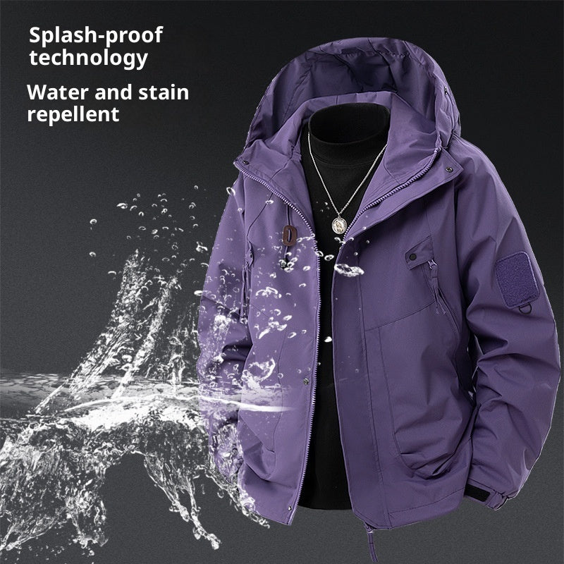 Hooded waterproof cargo jacket, purple with zip front, drawstring hem, flap pockets.