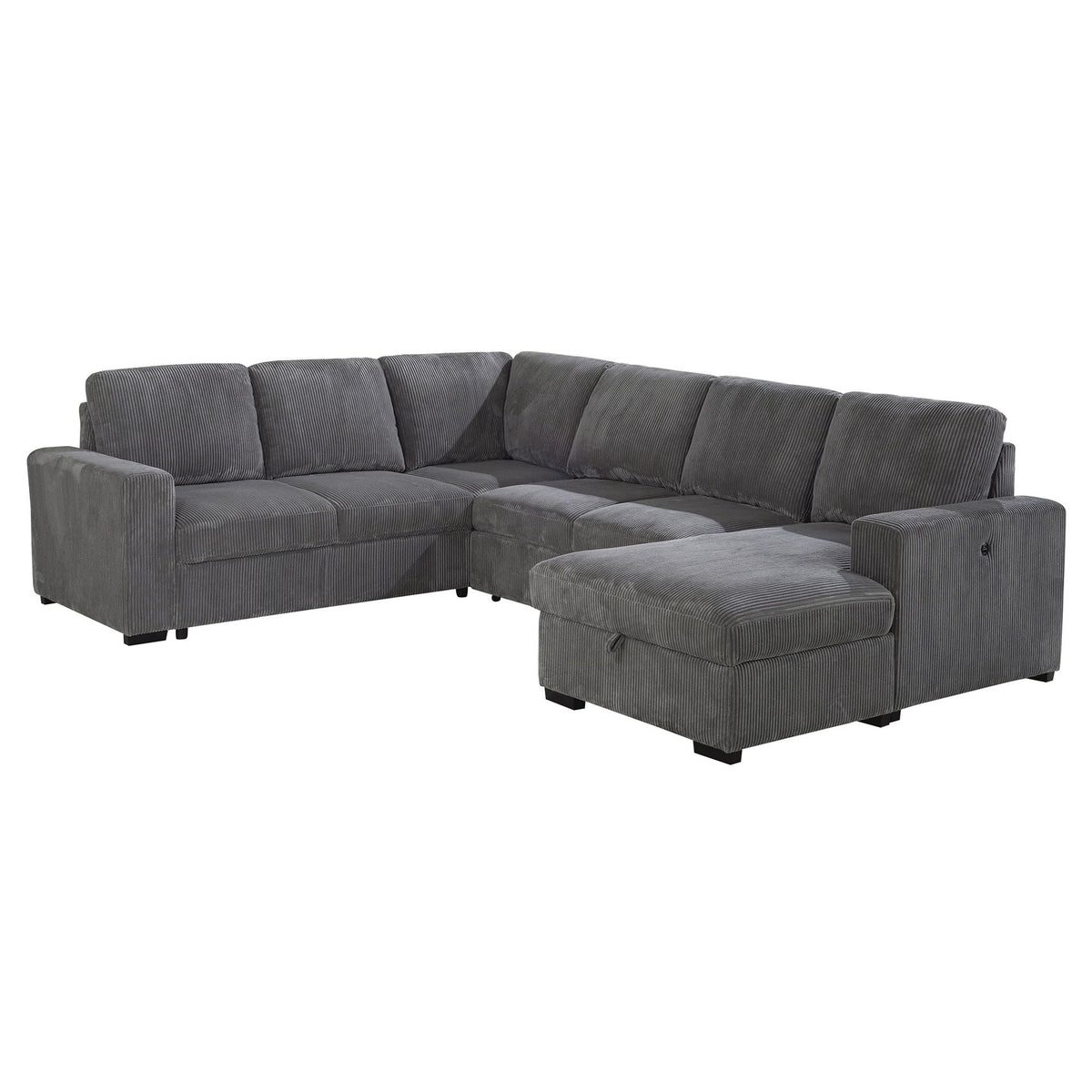 Dark gray L-shaped sectional sofa with chaise, tufted seat cushions and box arms