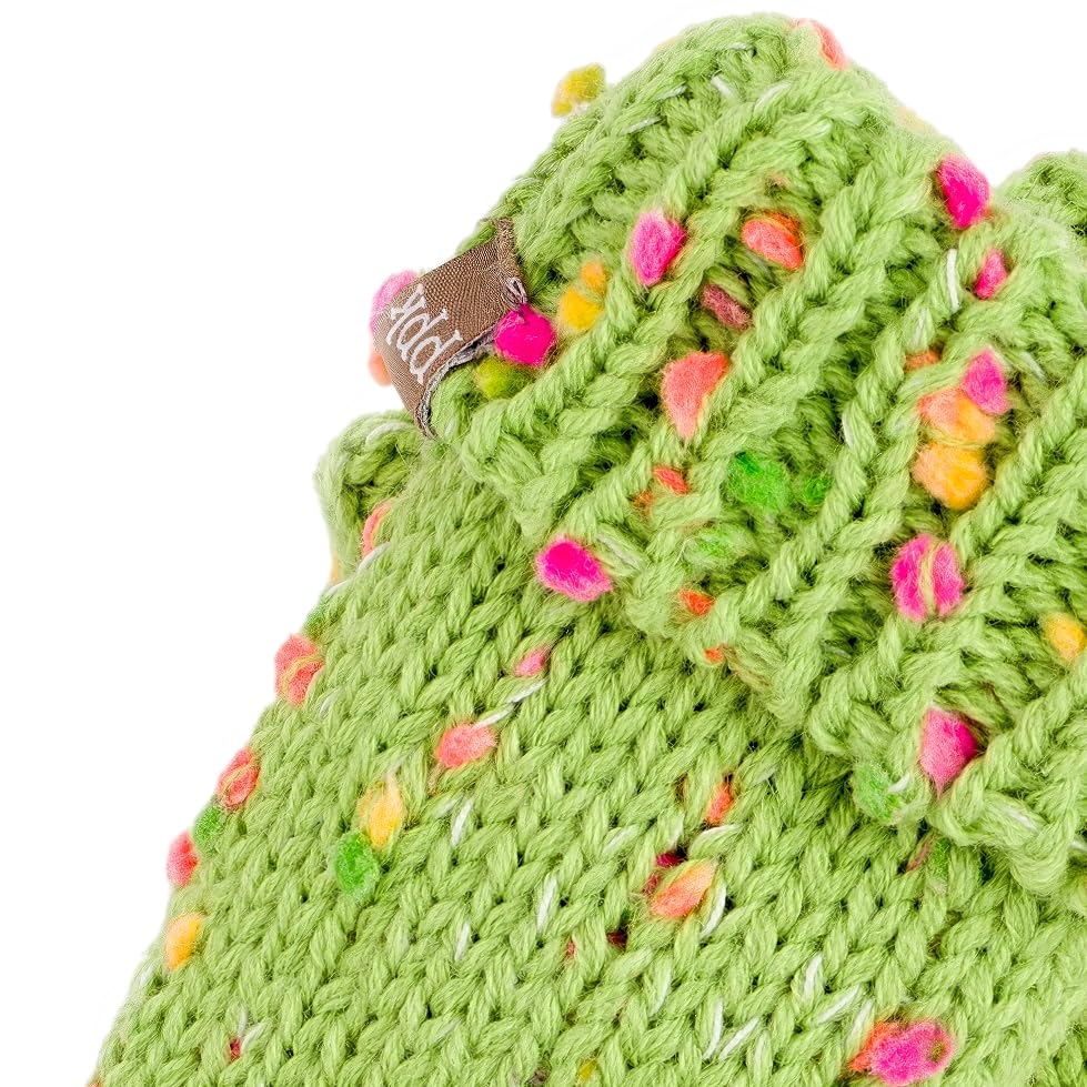 Lime green speckled knit mitten close-up with ribbed cuff and colorful dots