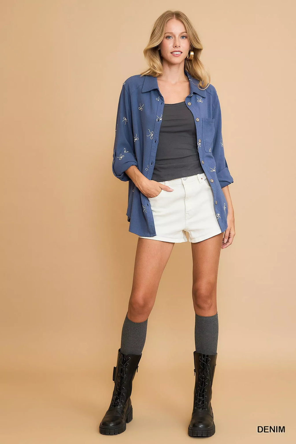 Denim blue fitted button-up shirt with ribbon bow embroidery, long sleeves, front buttons